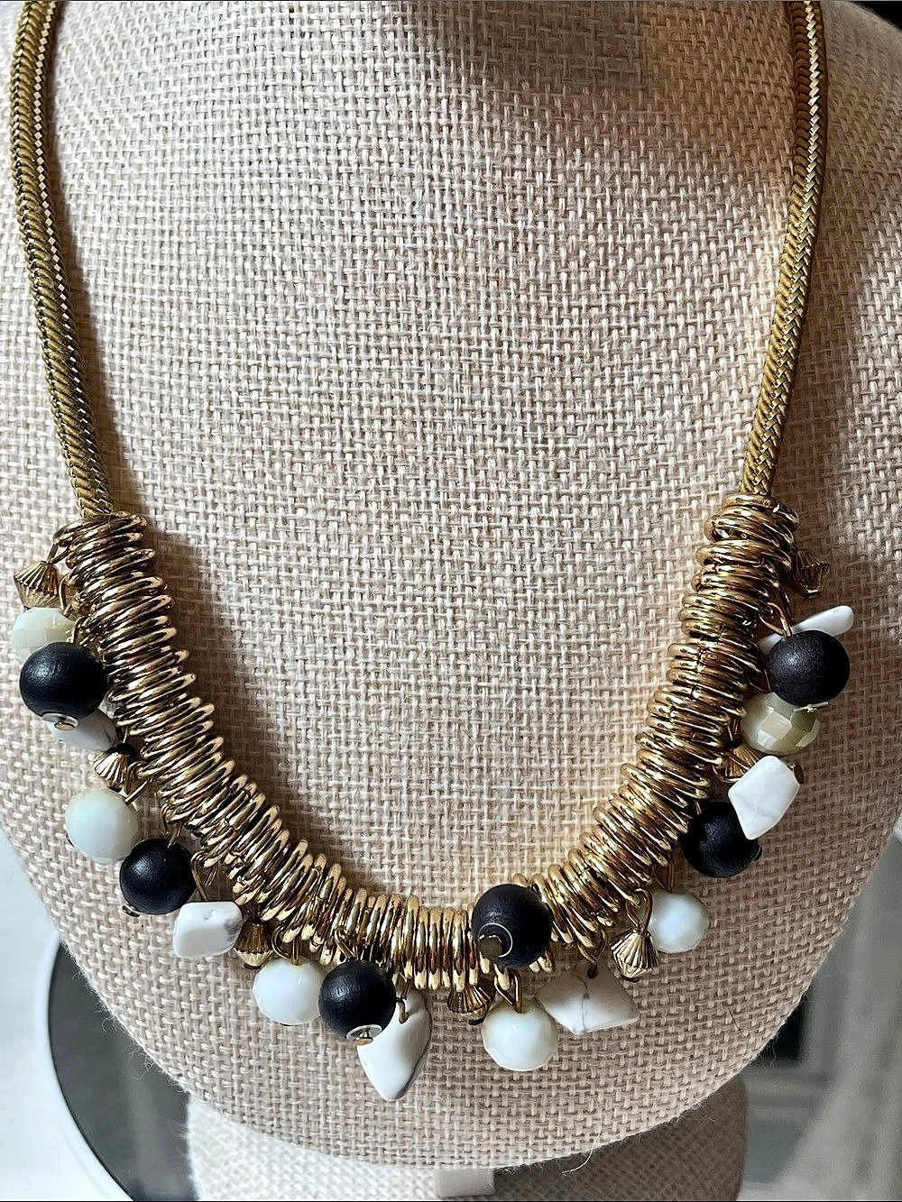 Gold-Tone Beaded Statement Necklace With Howlite, wood, acrylic and gold beads